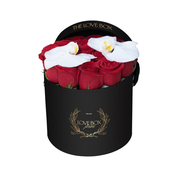 Red Roses & Orchid Flowers in Medium Box