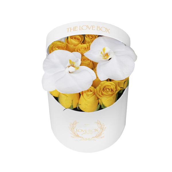 Yellow Roses with Orchid Flowers in Medium Box