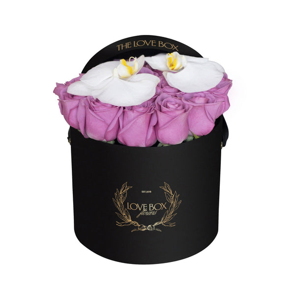 Violet Roses with Orchid Flowers in Medium Black Box