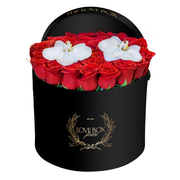 Roses with Orchid Flowers in Large Box