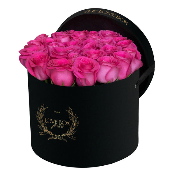Hot Pink Roses in Large Black Box