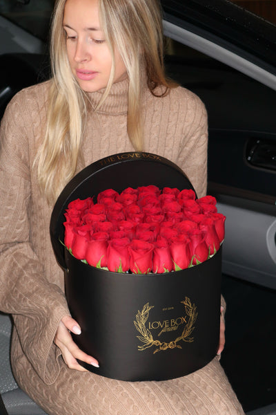 Classic Red Roses in Large Black Box