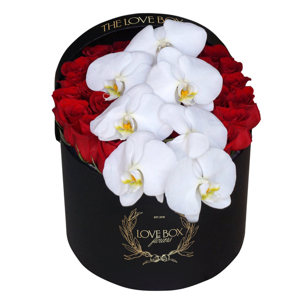 Red Roses with Orchid Branch in Large Box
