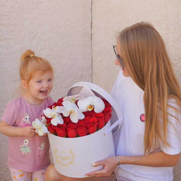 Red Roses with Orchid Branch in Large Box