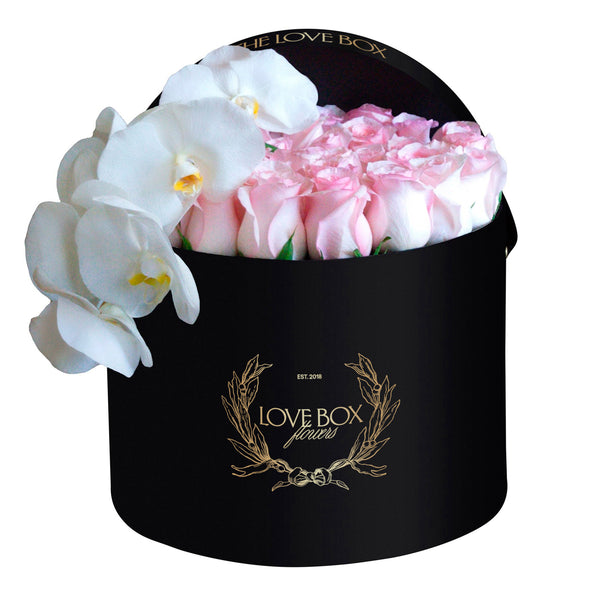 Baby Pink Roses with Orchid Branch in Large Box