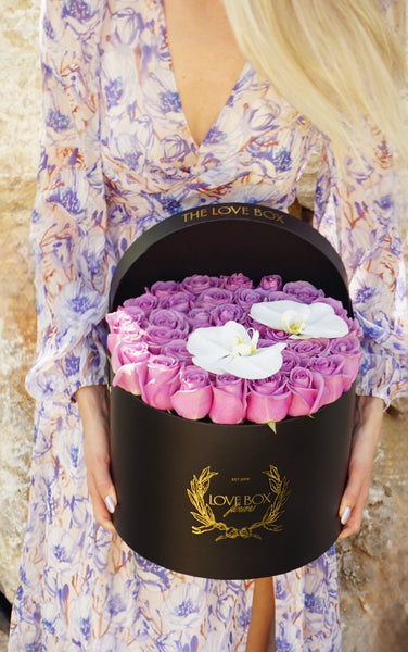 Violet Roses with Orchid Flowers in Large Box