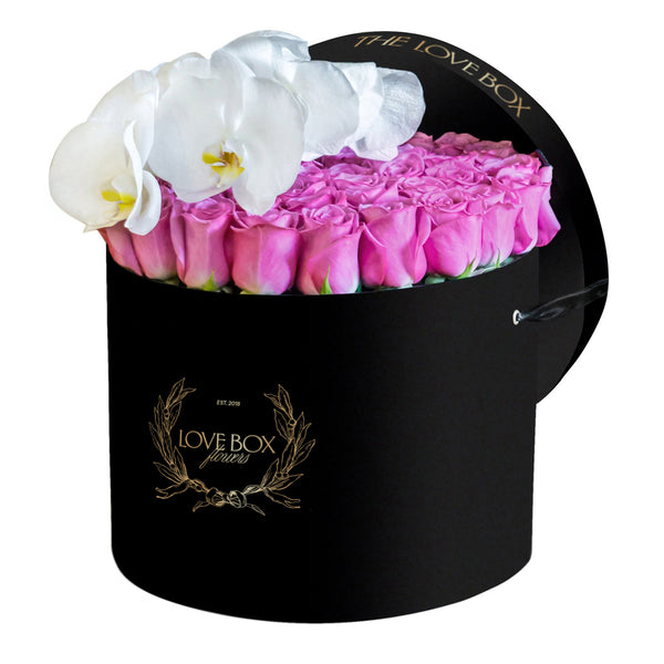 Violet Roses with Orchid Branch in Large Box