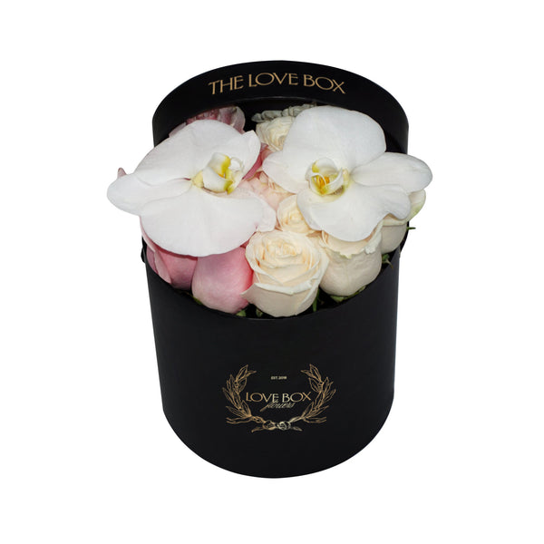 Mixed Roses With Orchid Flowers in Medium Box