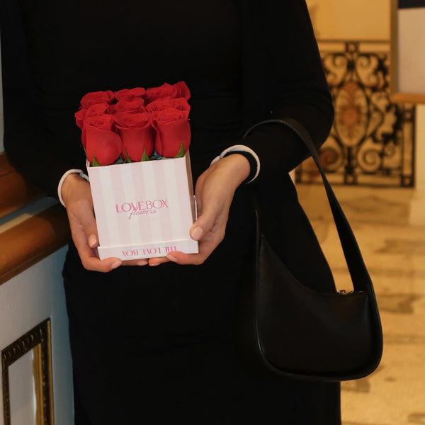 Classic Red Roses in Mini Striped Square Box