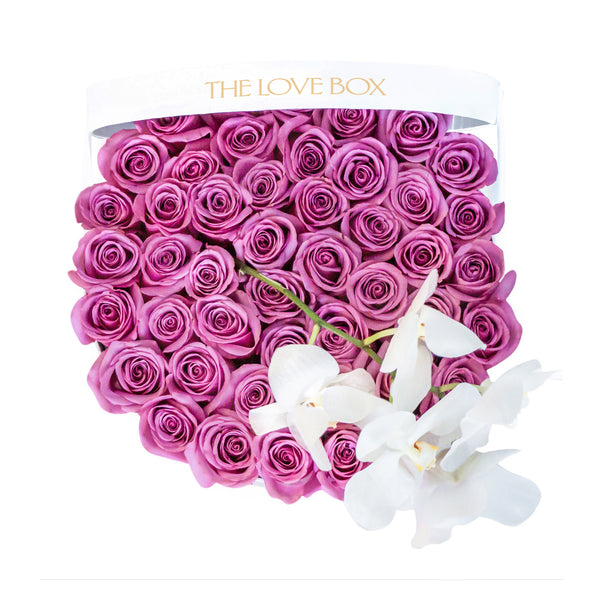 Violet Roses with Orchid Branch in Large Box