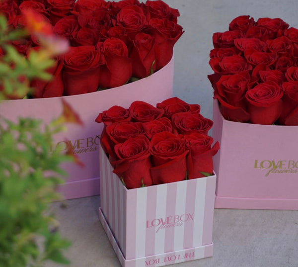 Classic Red Roses in Mini Striped Square Box