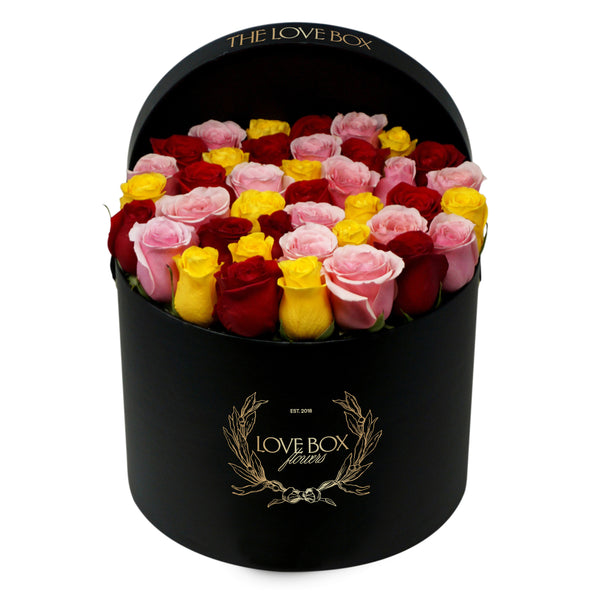 Red, Pink & Yellow "Spice" Roses in Large Box
