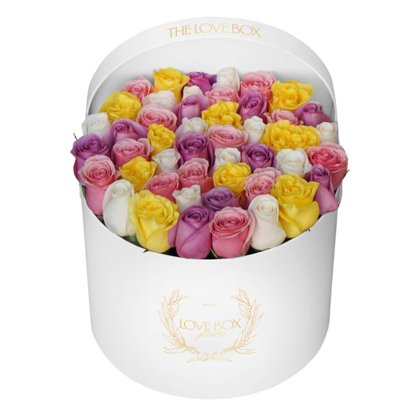 Baby Pink, Violet, Yellow & White Roses in Large Box