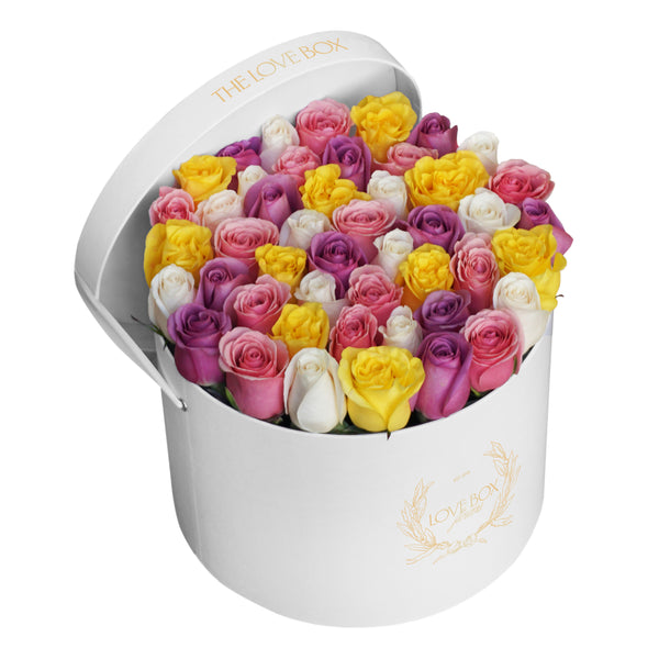 Baby Pink, Violet, Yellow & White Roses in Large Box