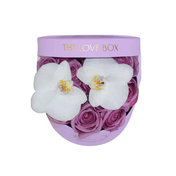 Violet Roses with Orchids in Medium Pink Suede Box