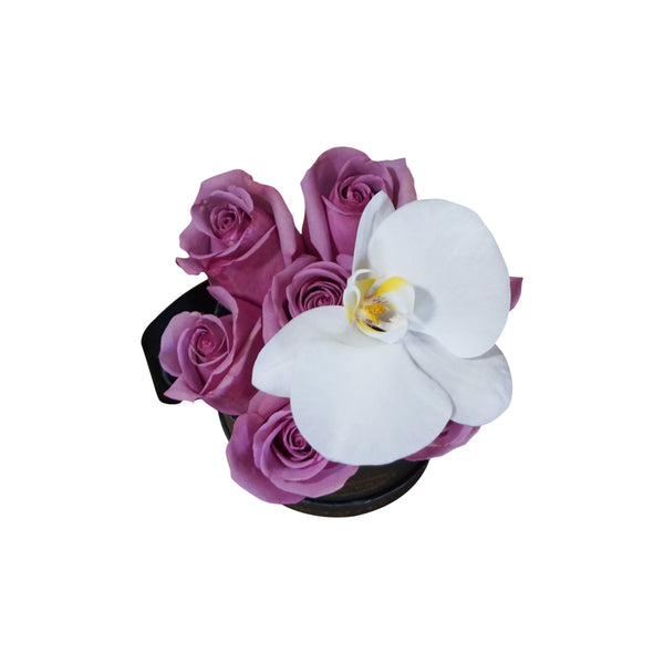 Violet Roses with Orchid Flower in Mini Black Box