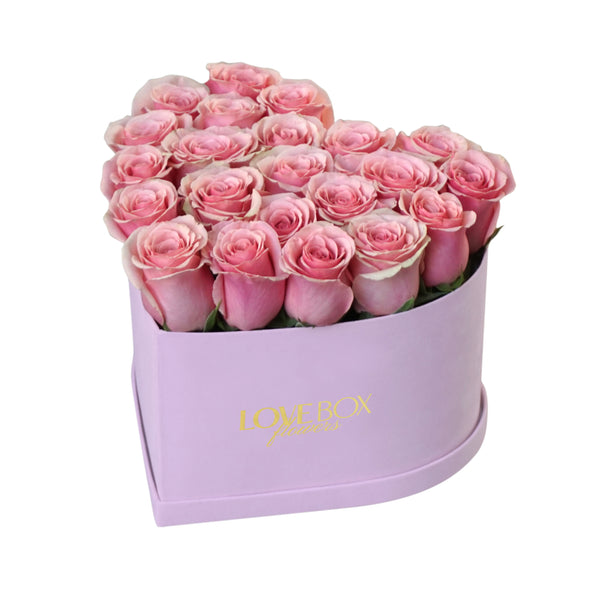 Baby Pink Roses in Medium Pink Suede Heart Box