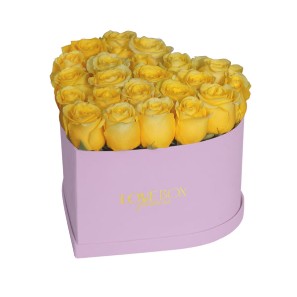 Yellow Roses in Medium Pink Suede Heart Box