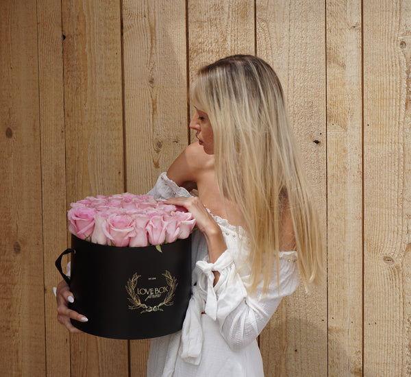 Baby Pink Roses in Large Black Box