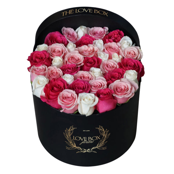 Pink, White and Hot Pink Roses in Large Box
