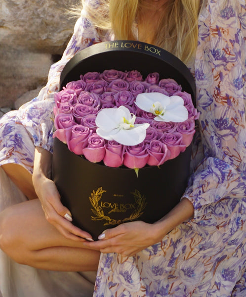 Roses with Orchid Flowers in Large Box