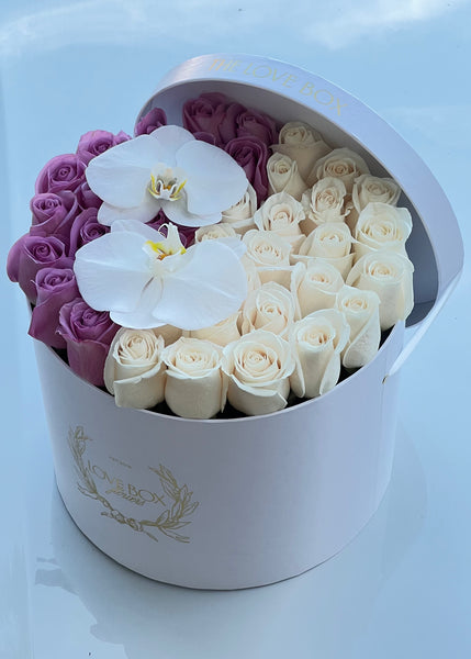 Violet & White Roses with Orchid Flowers in Large Box