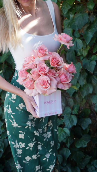 Rose Bouquet in Striped Square Box