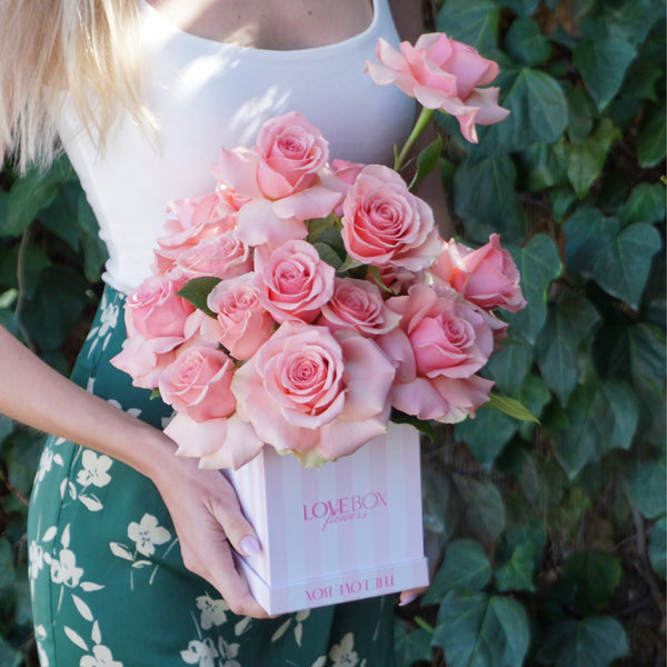 Rose Bouquet in Striped Square Box