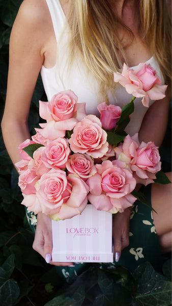 Rose Bouquet in Striped Square Box