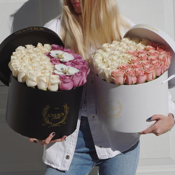 Violet & White Roses with Orchid Flowers in Large Box