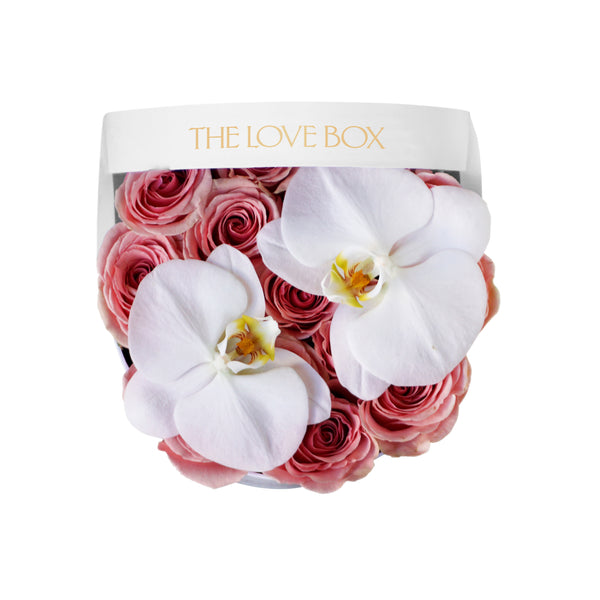 Pink Roses with Orchid Flowers in Medium Box