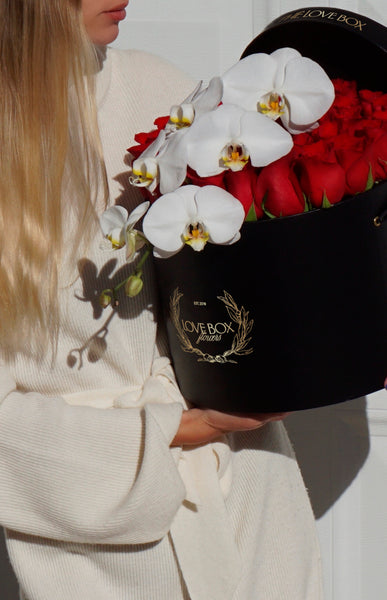 Red Roses with Orchid Branch in Large Box