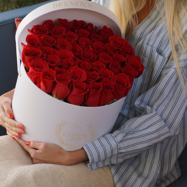 Classic Red Roses in Large White Box