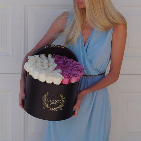 White & Violet Roses in Large Black Box