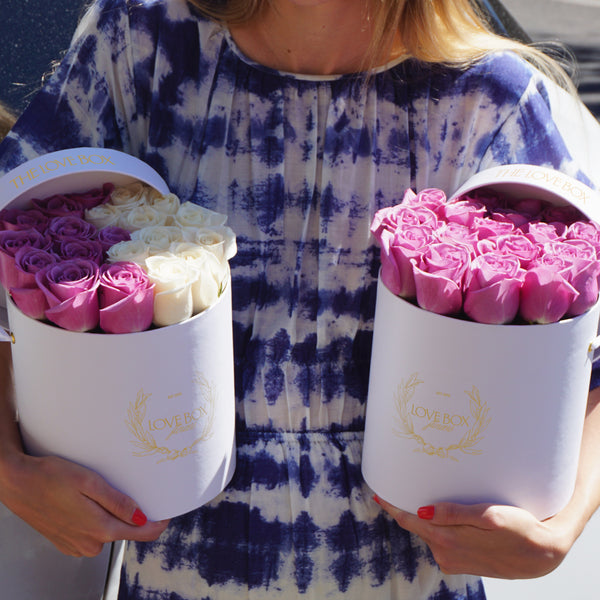 White & Violet Roses in Medium Box