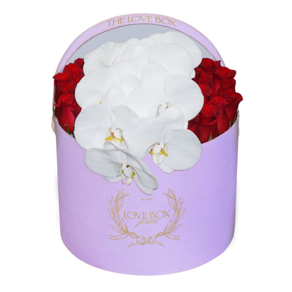 Roses with Orchid Branch in Large Pink Suede Box - HEART BOX