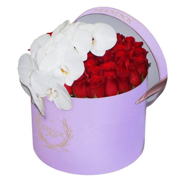 Roses with Orchid Branch in Large Pink Suede Box - HEART BOX