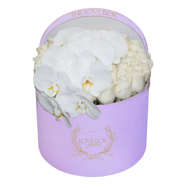 Roses with Orchid Branch in Large Pink Suede Box - HEART BOX