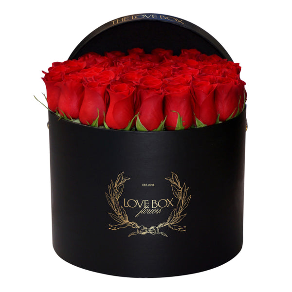Classic Red Roses in Large Black Box