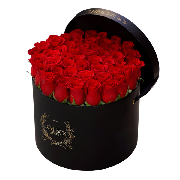 Classic Red Roses in Large Black Box