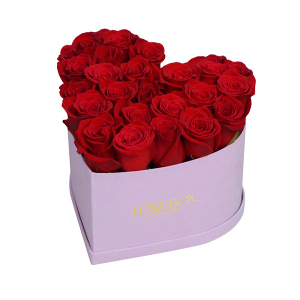 Red Roses in Medium Pink Suede Heart Box