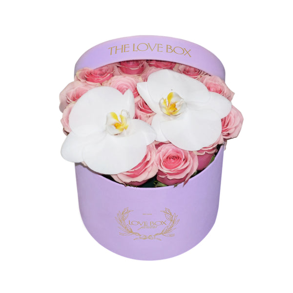 Baby Pink Roses with Orchids in Medium Pink Suede Box