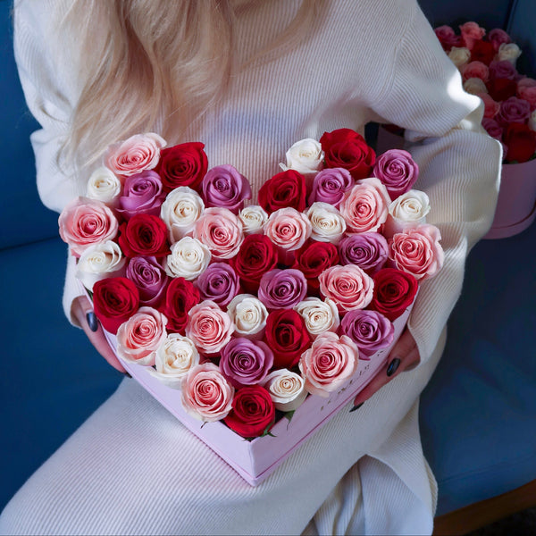 Baby Pink, White, Violet & Red Roses in Large Pink Suede Heart Box