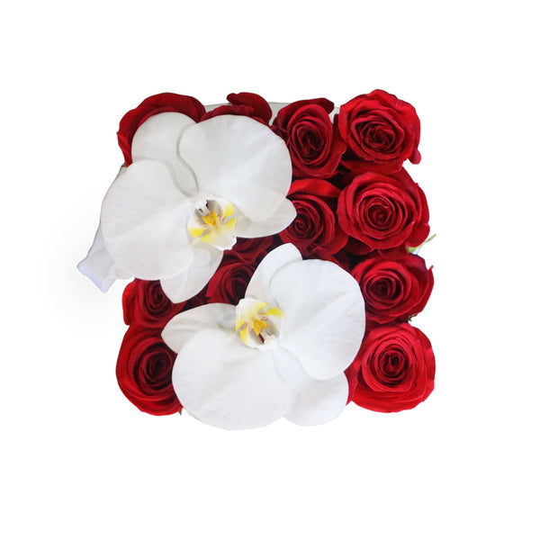 Red Roses with Orchid Flowers in Medium Square Box