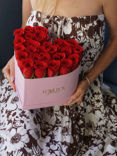 Red Roses in Medium Pink Suede Heart Box