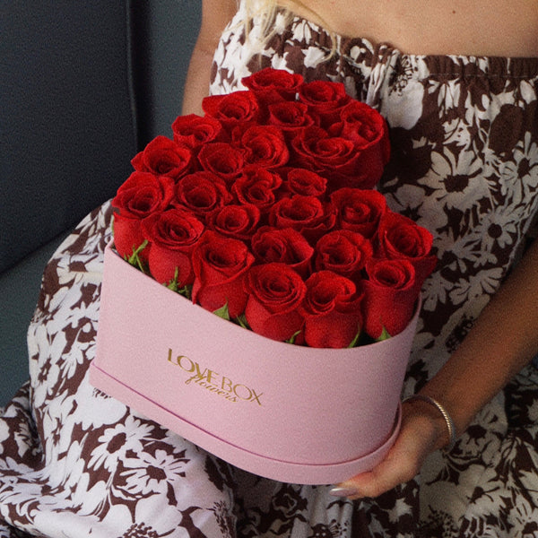Red Roses in Medium Pink Suede Heart Box