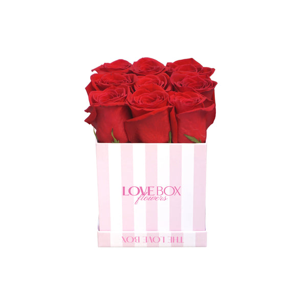 Classic Red Roses in Mini Striped Square Box