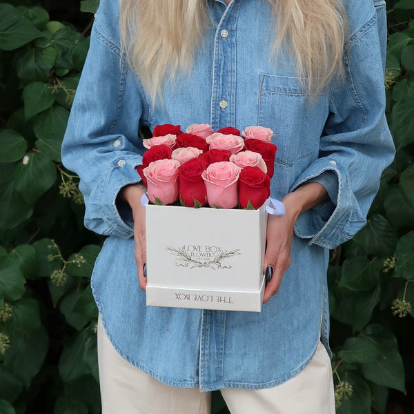 Baby Pink & Red Roses in Medium Square Box