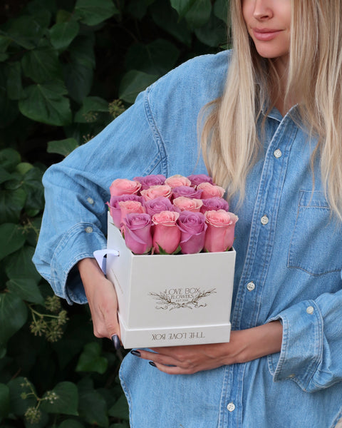 Baby Pink & Violet Roses in Medium Square Box