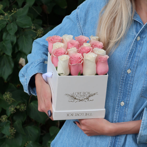 Baby Pink & White Roses in Medium Square Box